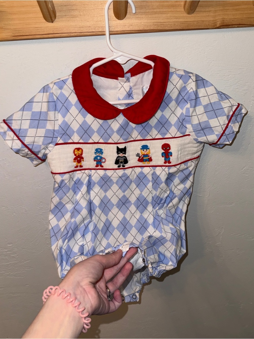 Blue Argyle Toddler Superhero Red Collar Bubble Romper 3T